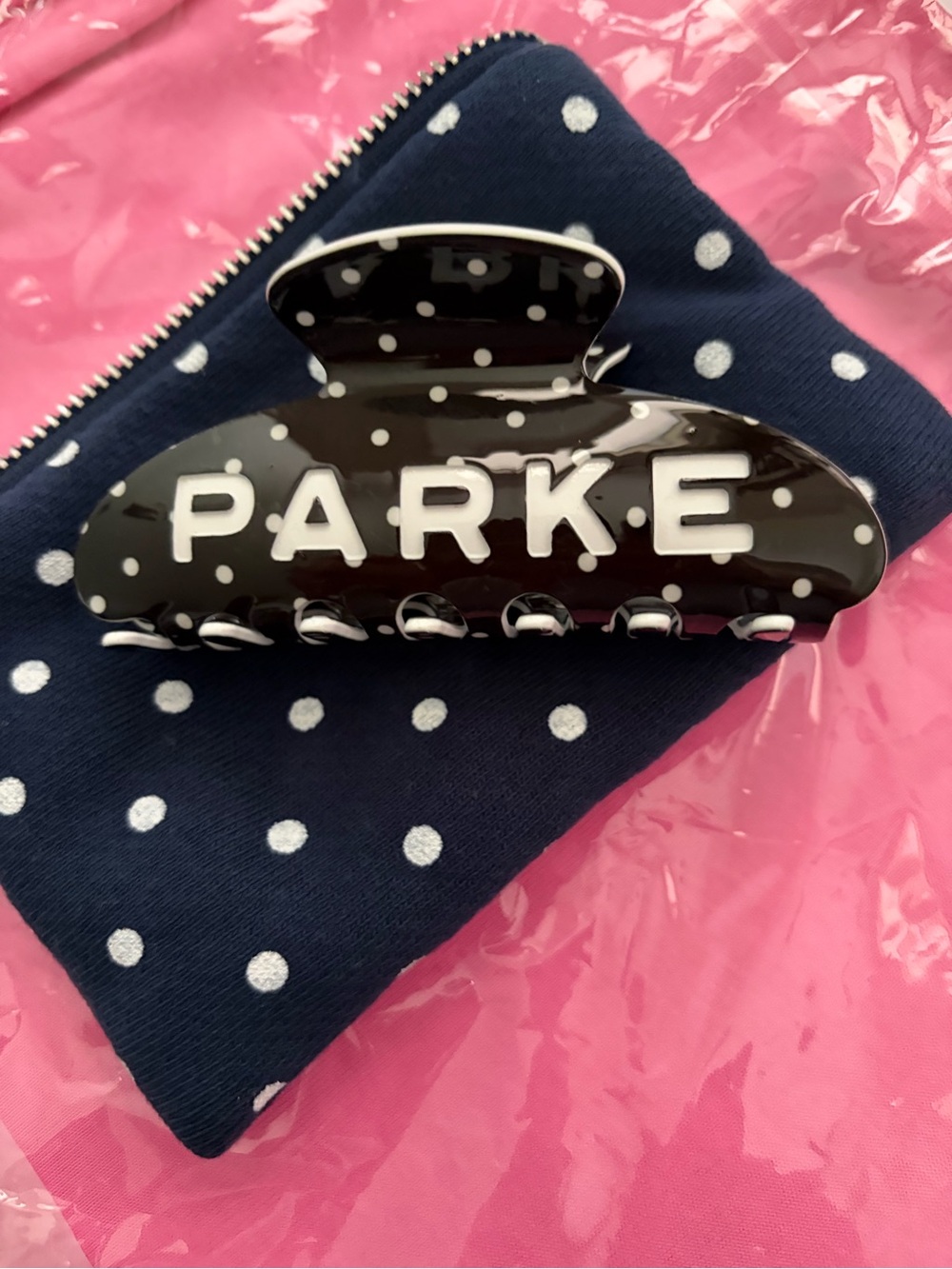 NEW PARKE Black Polka Dot Hair Claw with White Lettering Authentic